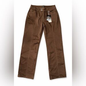 Flamingals Brown Straight Leg Pants Seam Detail High Rise NWT Size L